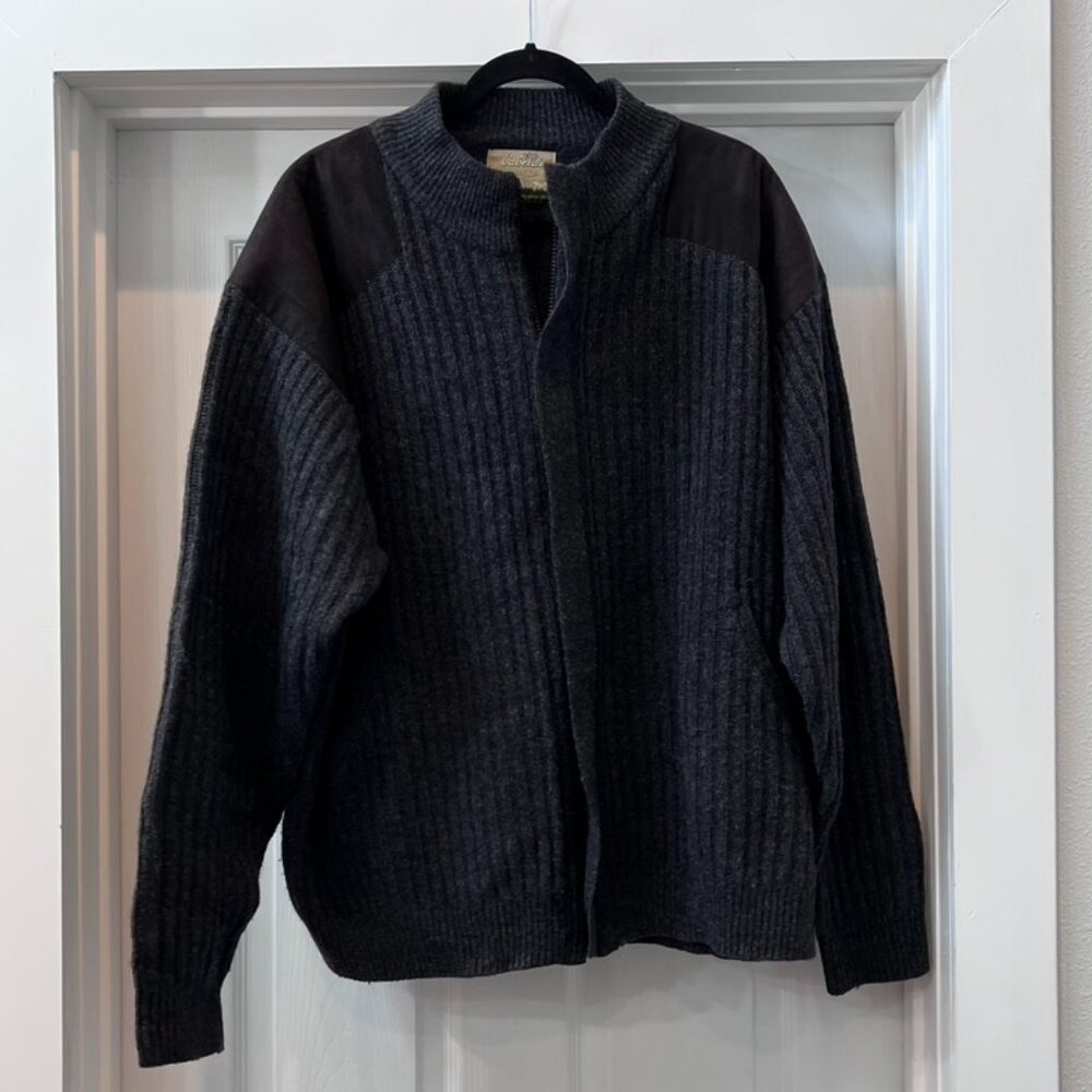 Cabelas Dark Gray Lambswool Ribbed Knit Elbow Patch Cardigan Sweater 2XL